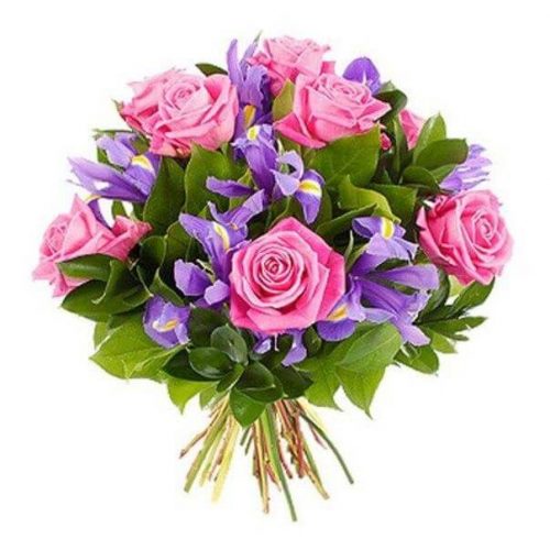 bukett med iris och rosor