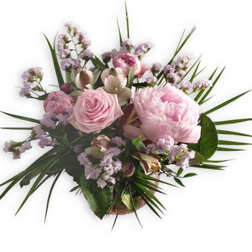 bukett med pioner och rosor