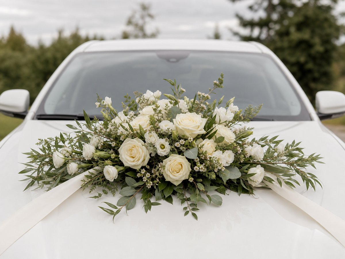 Bildekoration med blommor på vit bröllopsbil