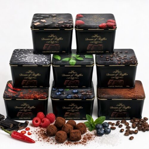Chokladtryffel Dream of Truffles – 8 plåtburkar med smaker: lakrits, hallon, havssalt, mint, kaffe, chili, blåbär och kakaopulver