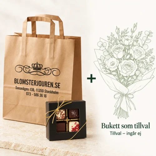 Presentkit Lyx: presentpåse i kraftpapper från Blomsterjouren och chokladask med praliner, plus en tecknad bukett som tillval – buketten ingår inte.