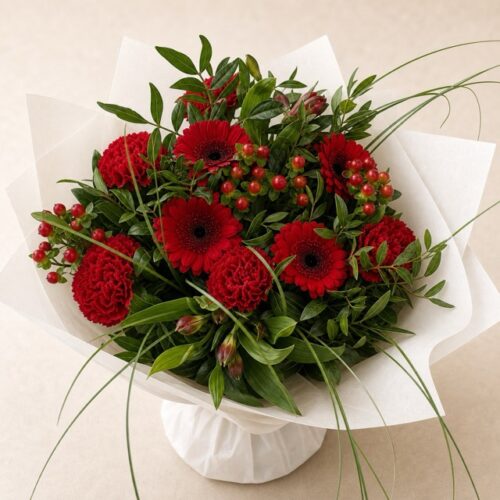 red-gerbera-hypericum-bouquet