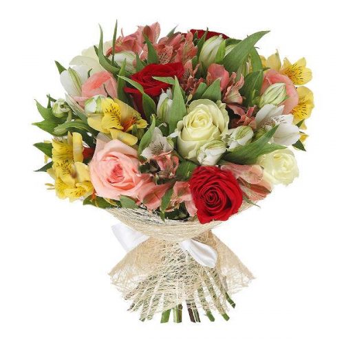 bukett med rosor, alstromerija och grönt