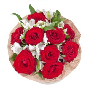 rosor med alstromeria i vita box