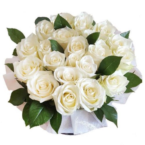 vita rosot med grönt i blå box