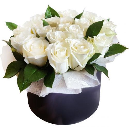 vita rosot med grönt i blå box